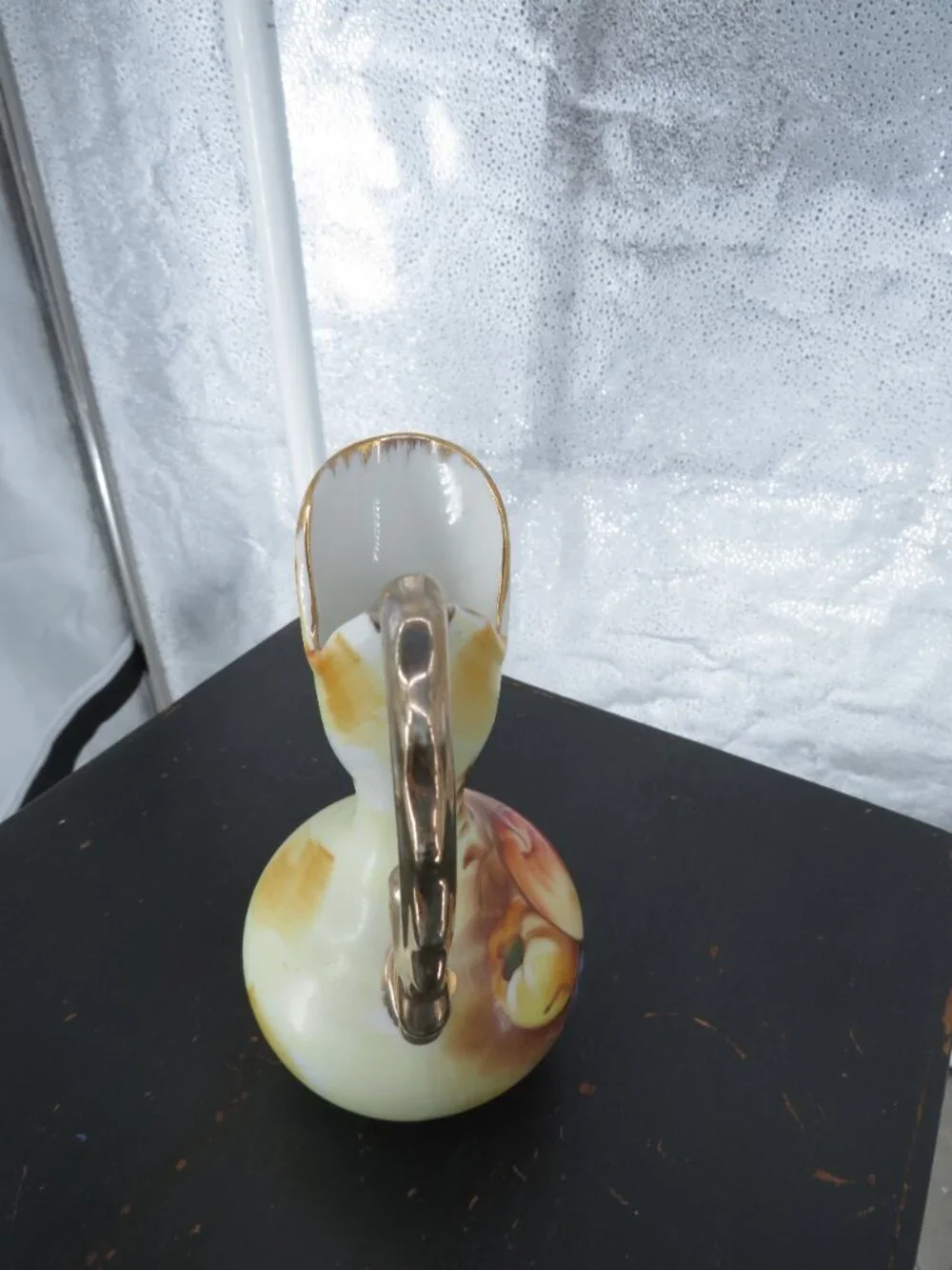 Vintage Hand Painted Porcelain Pitcher Vase Fruit Gold Handle Yellow Small 6 In
